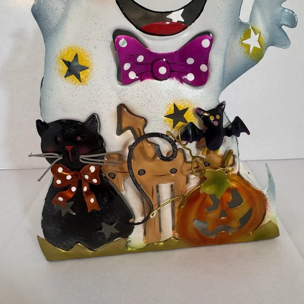 Vintage Halloween Metal Candle Tin‎ Ghost Pumpkin and Cat Home Accent Tea Light - Picture 3 of 9